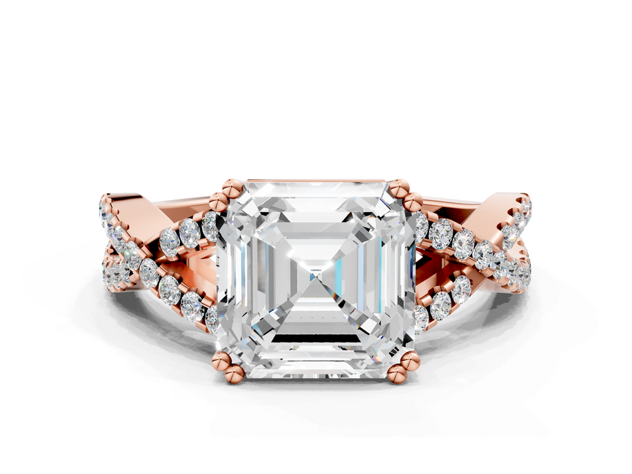 Rose gold Asscher Solitaire Twist Band with Pavé Setting and Four-Prong Setting