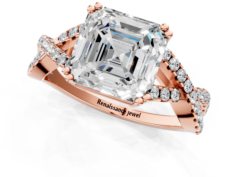 Rose gold Asscher Solitaire Twist Band with Pavé Setting and Four-Prong Setting