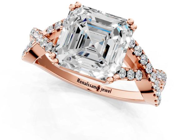 Rose gold Asscher Solitaire Twist Band with Pavé Setting and Four-Prong Setting_25