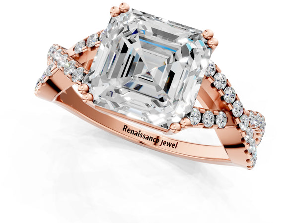 Rose gold Asscher Solitaire Twist Band with Pavé Setting and Four-Prong Setting_91