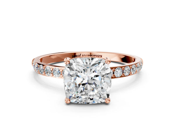 Rose gold Cushion Cut Diamond Pavé Band Solitaire Ring with Four-Prong Setting_256