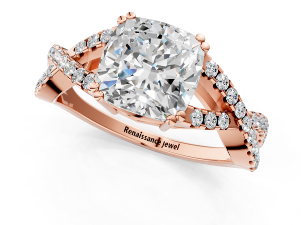 Rose gold Cushion Solitaire Twist Band with Pavé Setting and Four-Prong Setting_1