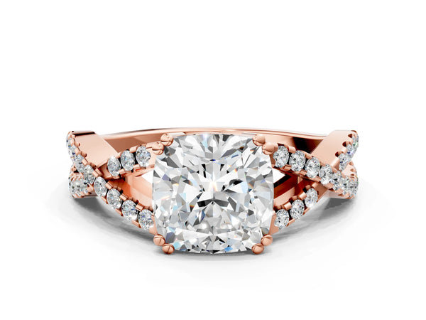 Rose gold Cushion Solitaire Twist Band with Pavé Setting and Four-Prong Setting_36