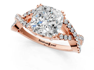 Rose gold Cushion Solitaire Twist Band with Pavé Setting and Four-Prong Setting_73