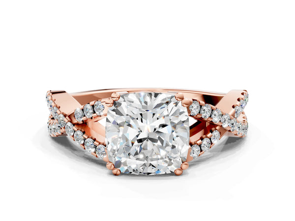 Rose gold Cushion Solitaire Twist Band with Pavé Setting and Four-Prong Setting_84