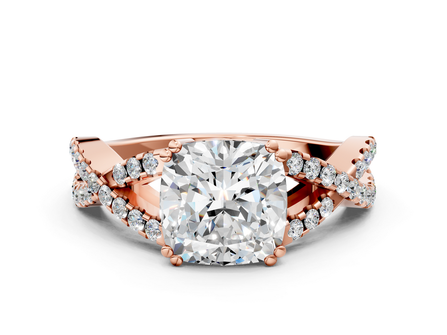 Rose gold Cushion Solitaire Twist Band with Pavé Setting and Four-Prong Setting