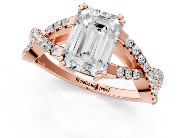 Rose gold Emerald Solitaire Twist Band with Pavé Setting and Four-Prong Setting_19