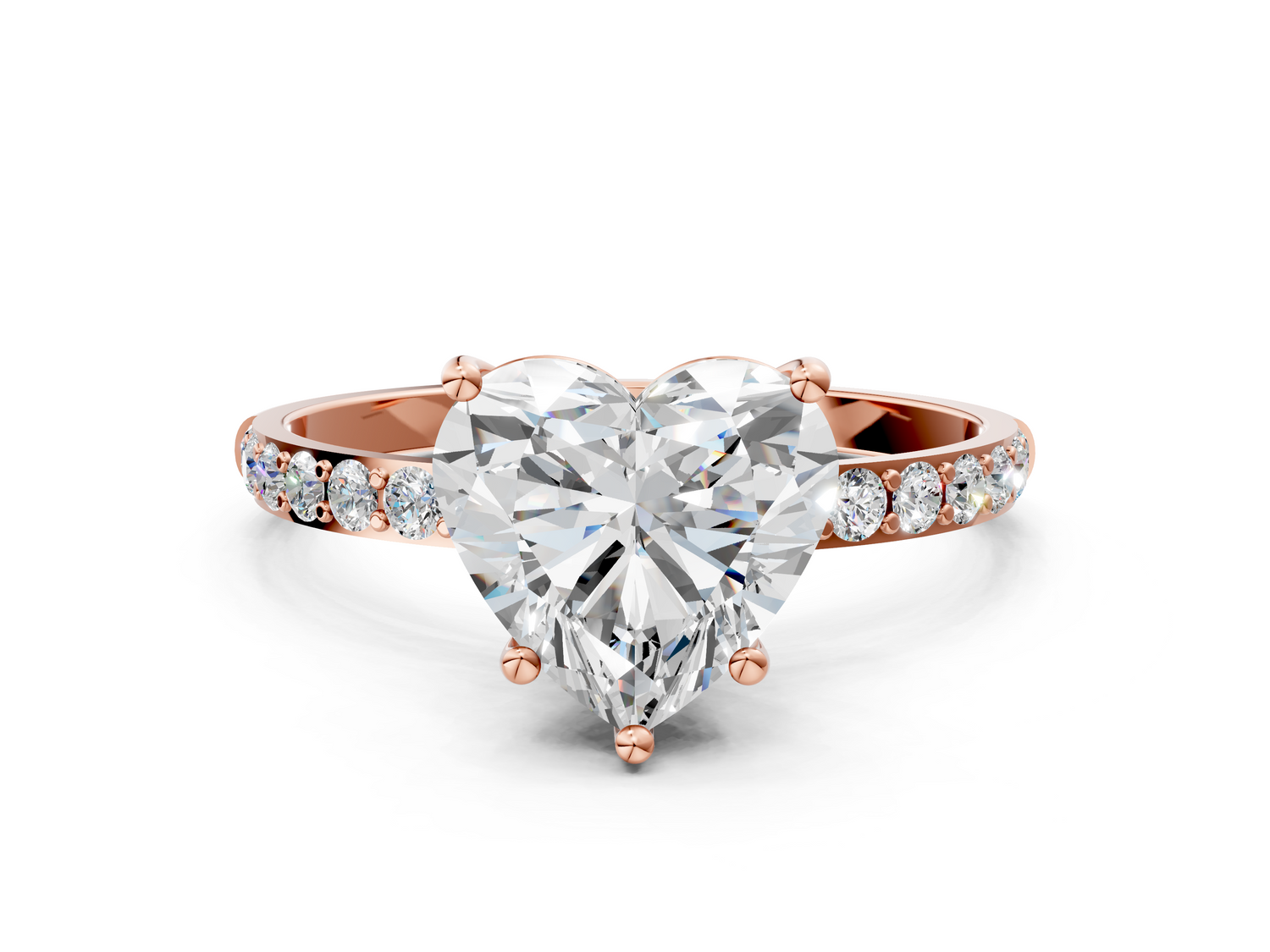 Rose gold Heart Cut Diamond Pavé Band Solitaire Ring with Four-Prong Setting