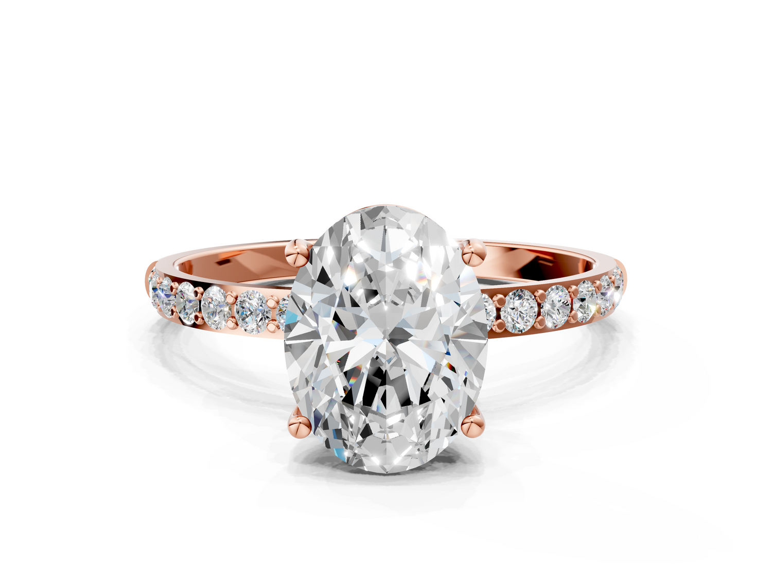 Rose gold Oval Cut Diamond Pavé Band Solitaire Ring with Four-Prong Setting