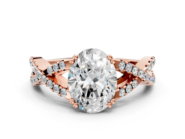 Rose gold Oval Solitaire Twist Band with Pavé Setting and Four-Prong Setting_24