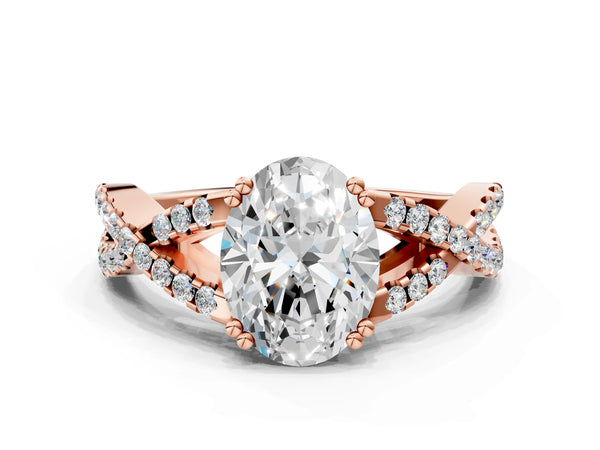 Rose gold Oval Solitaire Twist Band with Pavé Setting and Four-Prong Setting_48