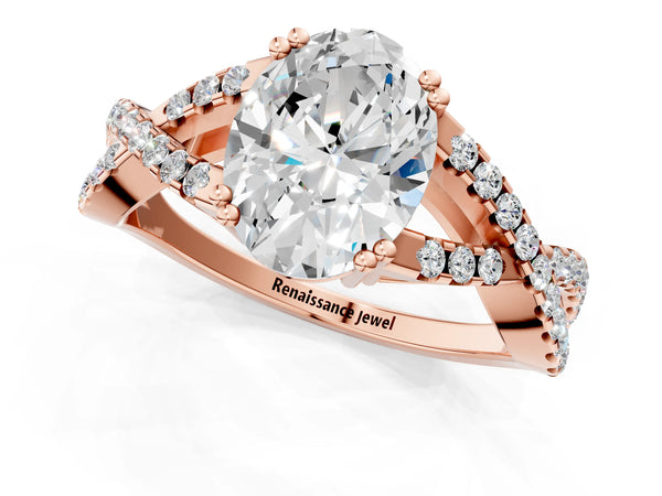 Rose gold Oval Solitaire Twist Band with Pavé Setting and Four-Prong Setting_61
