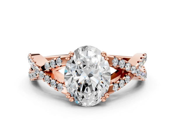 Rose gold Oval Solitaire Twist Band with Pavé Setting and Four-Prong Setting_90