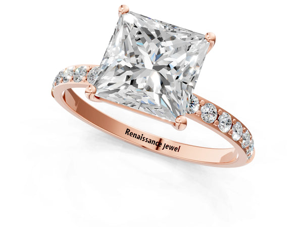 Rose gold Princess Cut Diamond Pavé Band Solitaire Ring with Four-Prong Setting_55