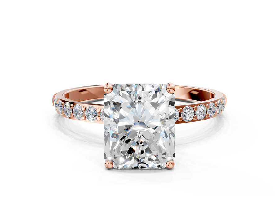 Rose gold Radiant Cut Diamond Pavé Band Solitaire Ring with Four-Prong Setting