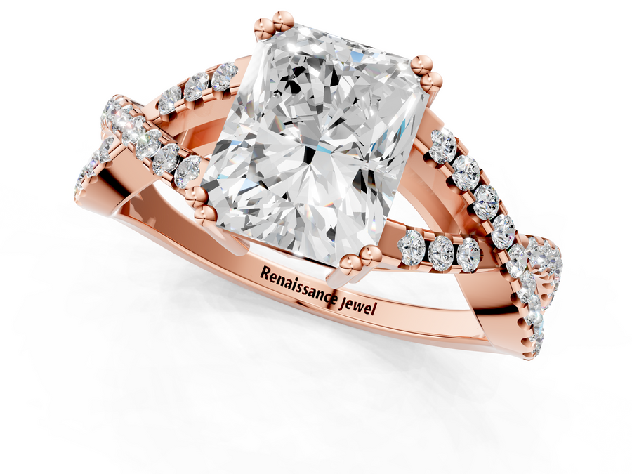 Rose gold Radiant Solitaire Twist Band with Pavé Setting and Four-Prong Setting