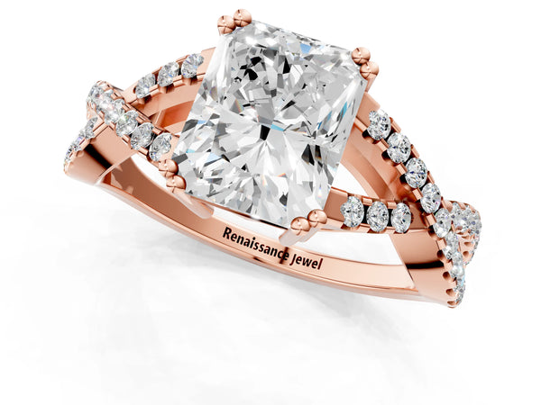 Rose gold Radiant Solitaire Twist Band with Pavé Setting and Four-Prong Setting_43
