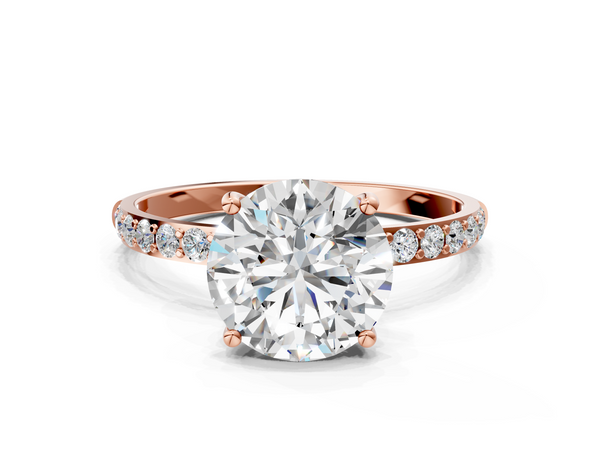 Rose gold Round Cut Diamond Pavé Band Solitaire Ring with Four-Prong Setting