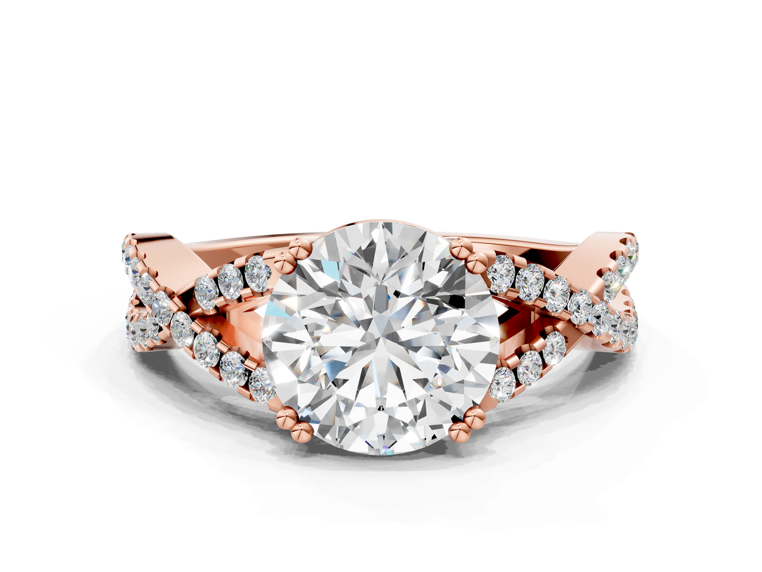 Rose gold Round Solitaire Twist Band with Pavé Setting and Four-Prong Setting