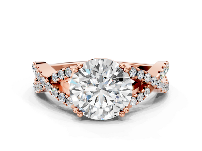 Rose gold Round Solitaire Twist Band with Pavé Setting and Four-Prong Setting
