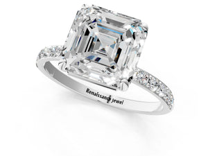 White gold Asscher Cut Diamond Pavé Band Solitaire Ring with Four-Prong Setting_103