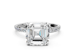 White gold Asscher Cut Diamond Pavé Band Solitaire Ring with Four-Prong Setting