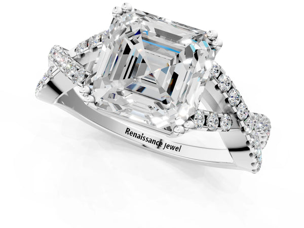 White gold Asscher Solitaire Twist Band with Pavé Setting and Four-Prong Setting_19