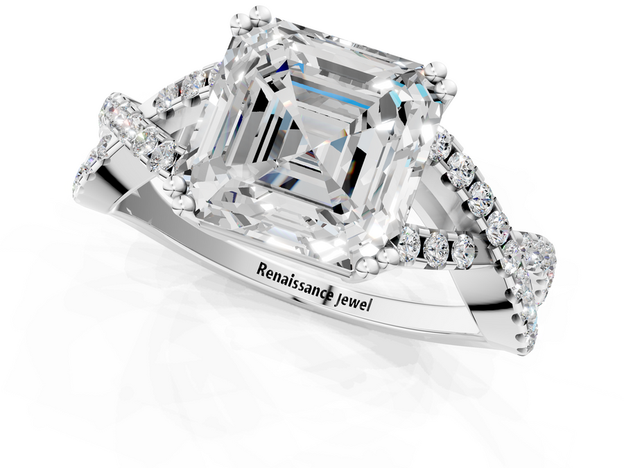 Platinum Asscher Solitaire Twist Band with Pavé Setting and Four-Prong Setting