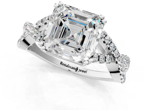 White gold Asscher Solitaire Twist Band with Pavé Setting and Four-Prong Setting_25