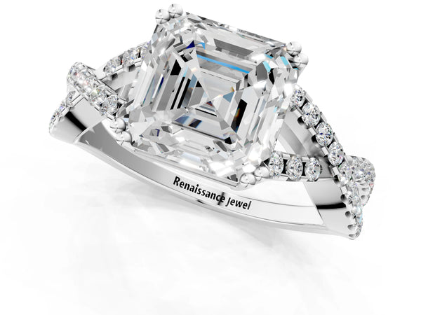 White gold Asscher Solitaire Twist Band with Pavé Setting and Four-Prong Setting_31