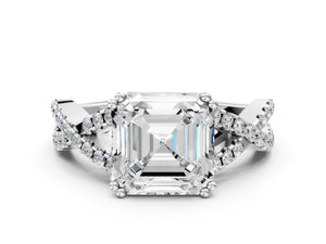 White gold Asscher Solitaire Twist Band with Pavé Setting and Four-Prong Setting_42