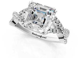 White gold Asscher Solitaire Twist Band with Pavé Setting and Four-Prong Setting_43