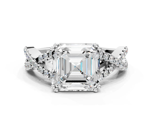 White gold Asscher Solitaire Twist Band with Pavé Setting and Four-Prong Setting_48