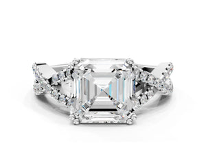 White gold Asscher Solitaire Twist Band with Pavé Setting and Four-Prong Setting_48