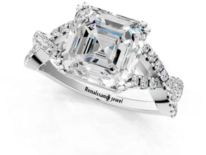 White gold Asscher Solitaire Twist Band with Pavé Setting and Four-Prong Setting_49