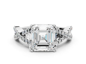 White gold Asscher Solitaire Twist Band with Pavé Setting and Four-Prong Setting_54