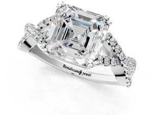 White gold Asscher Solitaire Twist Band with Pavé Setting and Four-Prong Setting_55