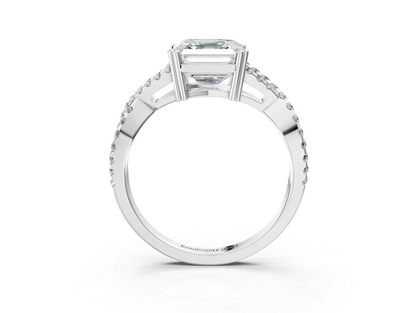 White gold Asscher Solitaire Twist Band with Pavé Setting and Four-Prong Setting_57