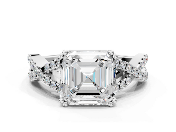 Silver Asscher Solitaire Twist Band with Pavé Setting and Four-Prong Setting