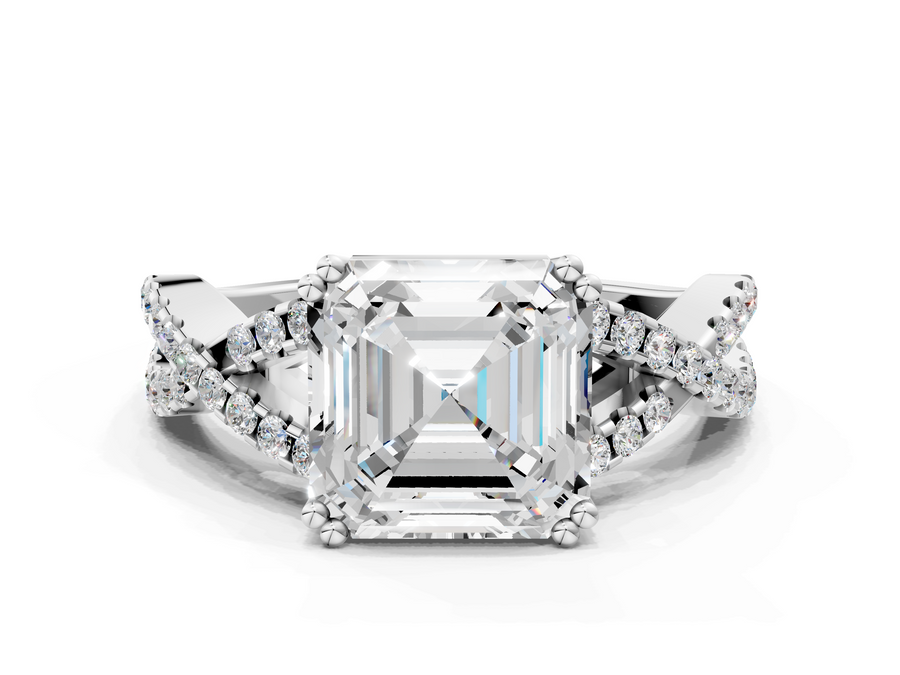 Silver Asscher Solitaire Twist Band with Pavé Setting and Four-Prong Setting