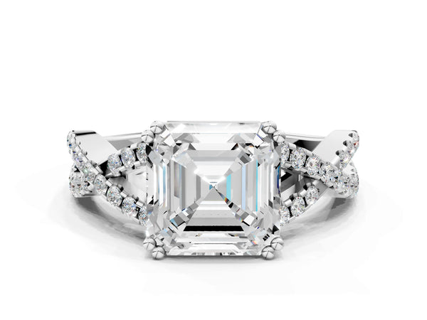 White gold Asscher Solitaire Twist Band with Pavé Setting and Four-Prong Setting_60