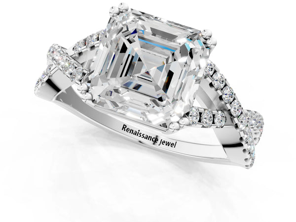 White gold Asscher Solitaire Twist Band with Pavé Setting and Four-Prong Setting_61