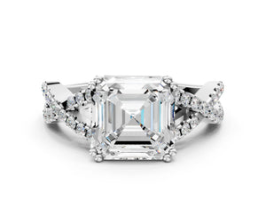 White gold Asscher Solitaire Twist Band with Pavé Setting and Four-Prong Setting_66