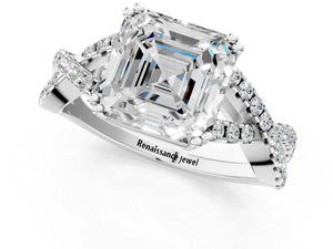 White gold Asscher Solitaire Twist Band with Pavé Setting and Four-Prong Setting_67