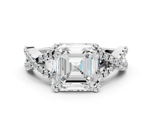 White gold Asscher Solitaire Twist Band with Pavé Setting and Four-Prong Setting_84