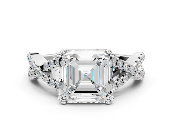 White gold Asscher Solitaire Twist Band with Pavé Setting and Four-Prong Setting_84