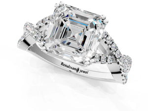White gold Asscher Solitaire Twist Band with Pavé Setting and Four-Prong Setting_85