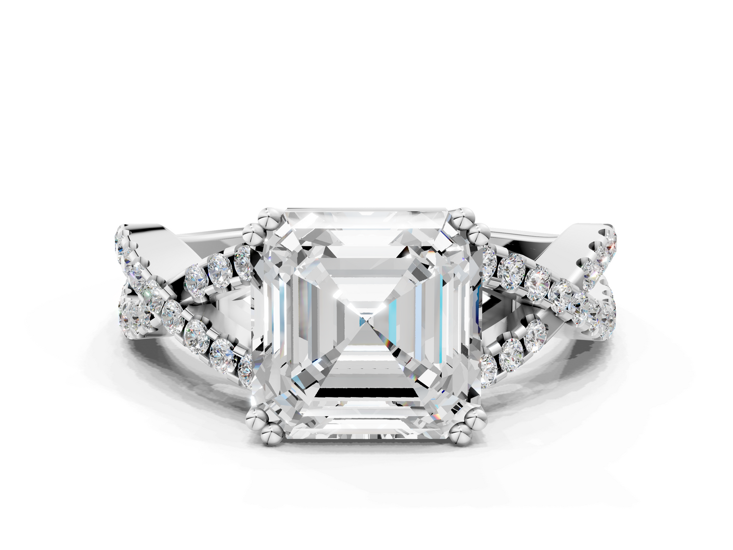 White gold Asscher Solitaire Twist Band with Pavé Setting and Four-Prong Setting