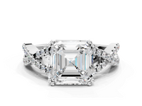 Platinum Asscher Solitaire Twist Band with Pavé Setting and Four-Prong Setting