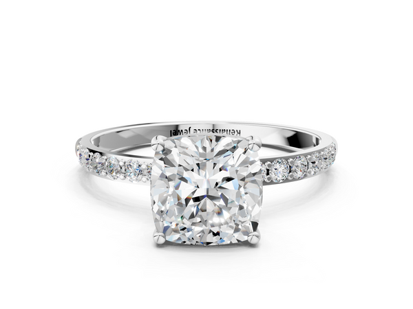 White gold Cushion Cut Diamond Pavé Band Solitaire Ring with Four-Prong Setting_108